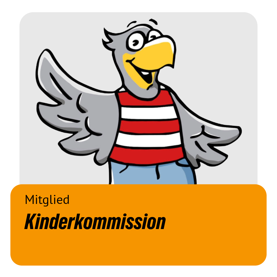 Bild des Kinderkommission-Maskottchen "Karlchen". Text: "Mitglied: Kinderkommission"