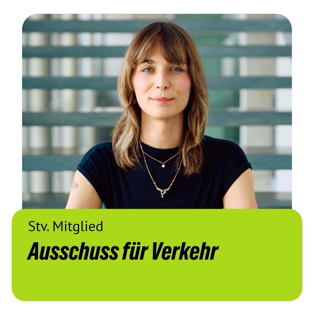 Nyke Slawik sitzt auf einer Treppe. Text: "Stv. Mitglied: Ausschuss für Verkehr"